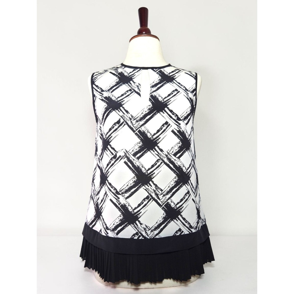 Raoul Silk Blouse Sleeveless Black Ivory Abstract Pleated Hem US 6 - Picture 7 of 11